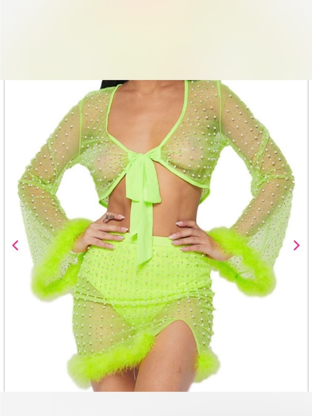 Neon Lime Sheer Pearl-Studded Two-Piece Set with Feather Trim